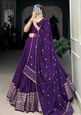 Purple Embroidered Chanderi Lehenga Set With Dupatta