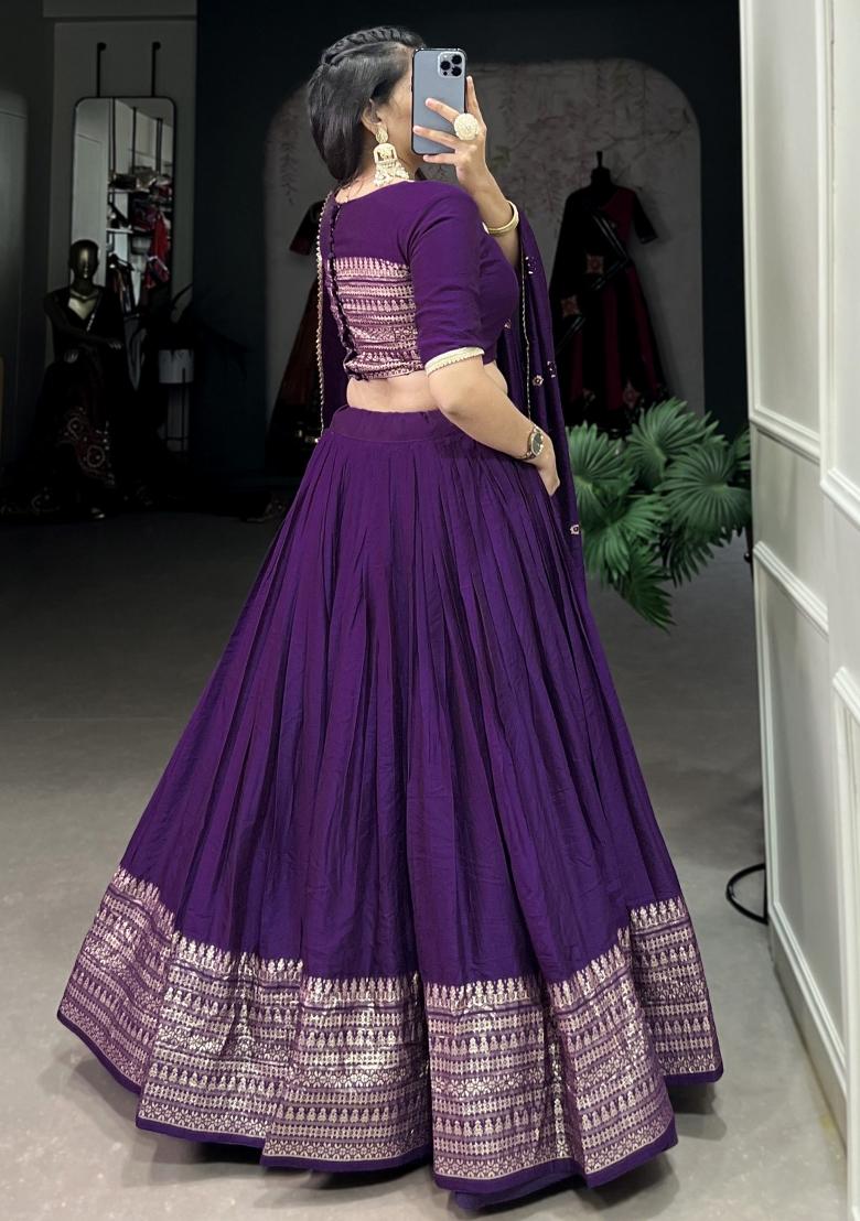Purple Embroidered Chanderi Lehenga Set With Dupatta