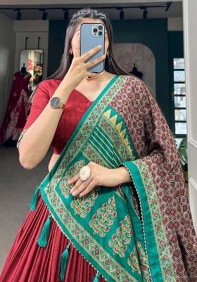 Red Printed Silk Lehenga Set With Dupatta