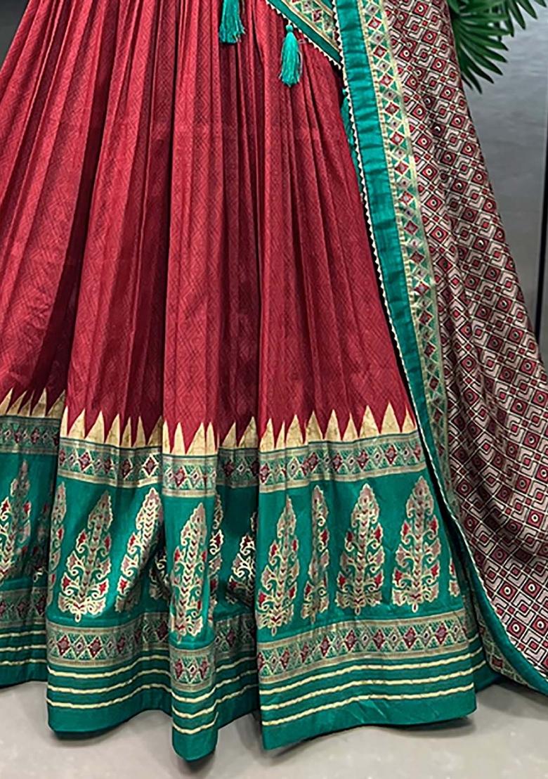 Red Printed Silk Lehenga Set With Dupatta