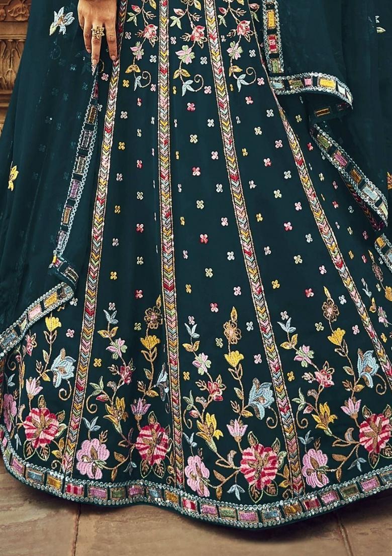 Blue Embroidered Georgette Lehenga Set With Dupatta