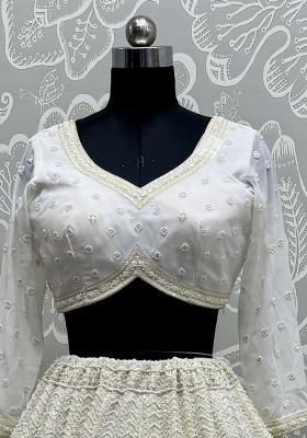 White Embroidered Georgette Lehenga Set With Dupatta