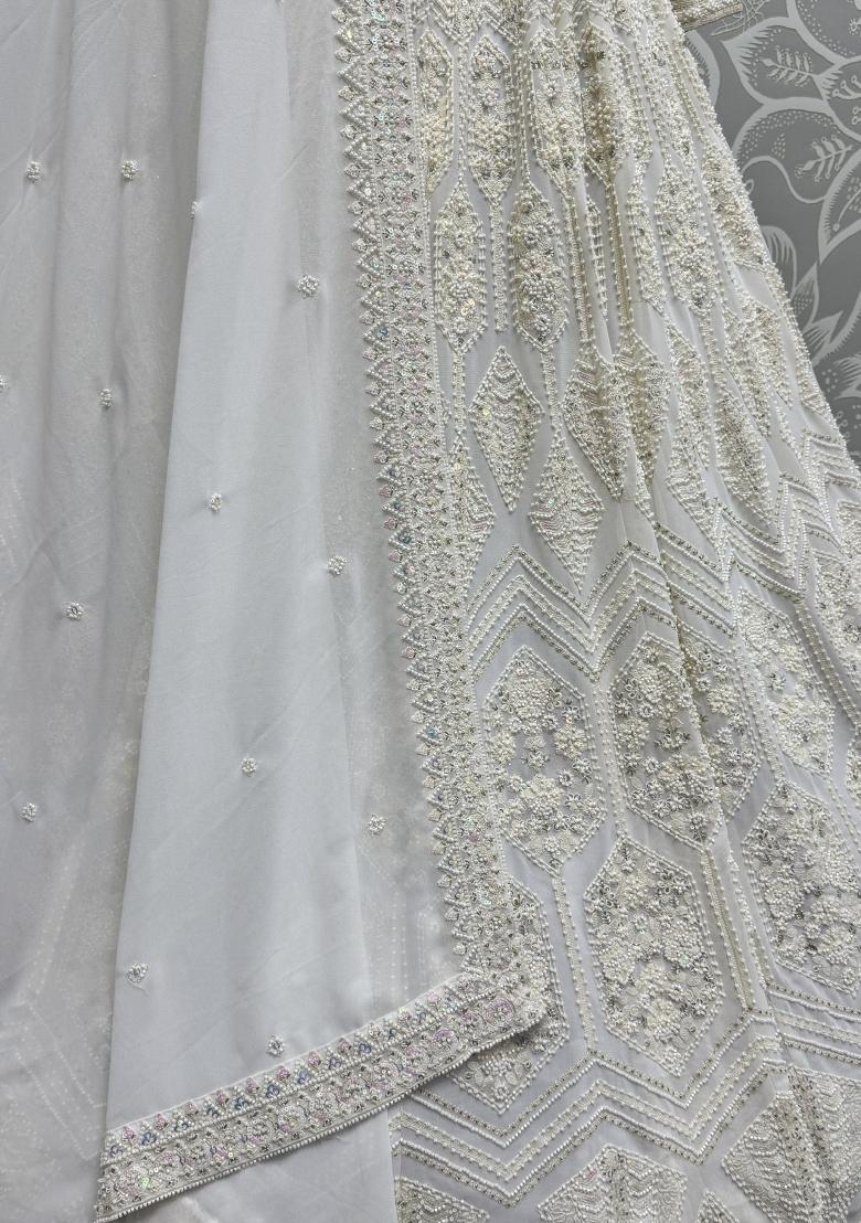 White Embroidered Georgette Lehenga Set With Dupatta
