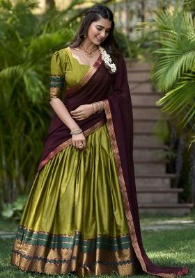 Green Embroidered Cotton Lehenga Set With Dupatta