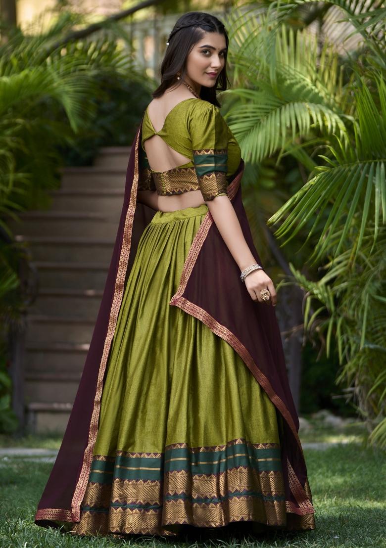 Green Embroidered Cotton Lehenga Set With Dupatta