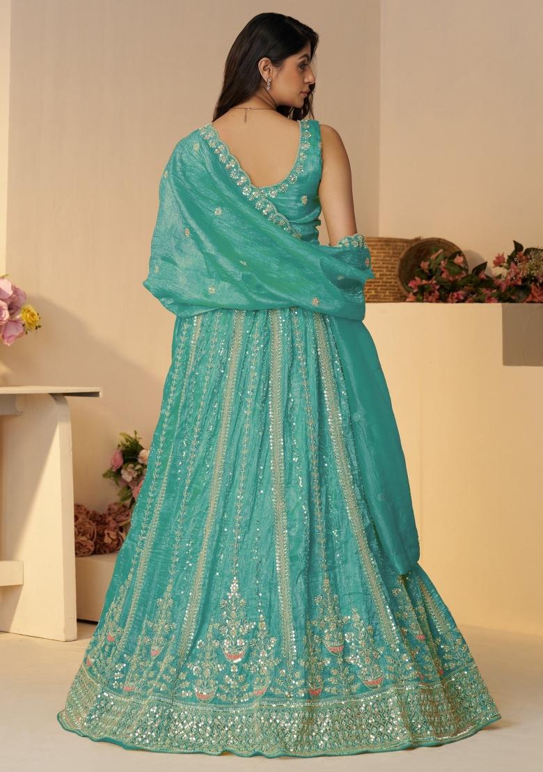 Sky Blue Embroidered Silk Lehenga Set With Dupatta