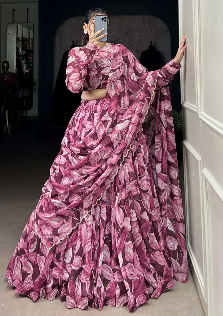 Purple Printed Silk Blend Lehenga Set With Dupatta for Diwali and Festive Wear - Indya