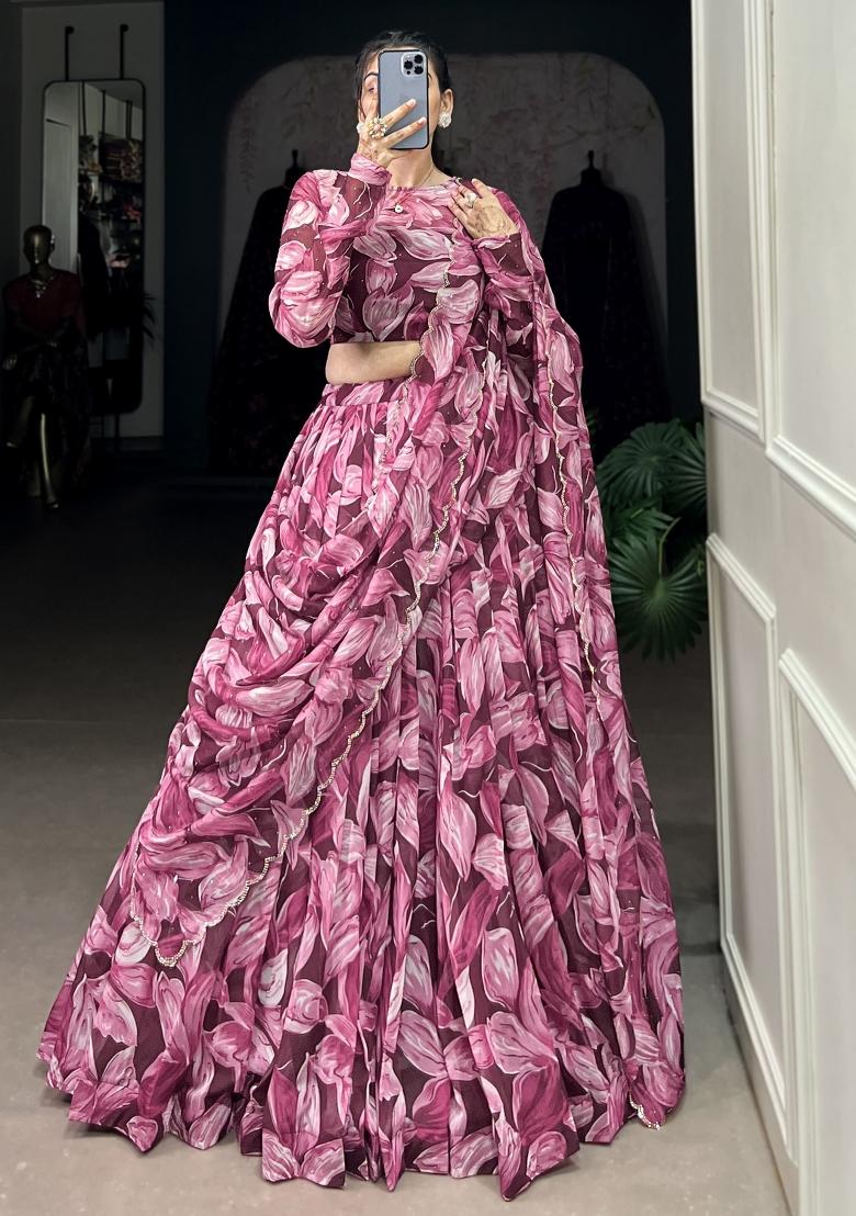 Purple Printed Silk Lehenga Set With Dupatta