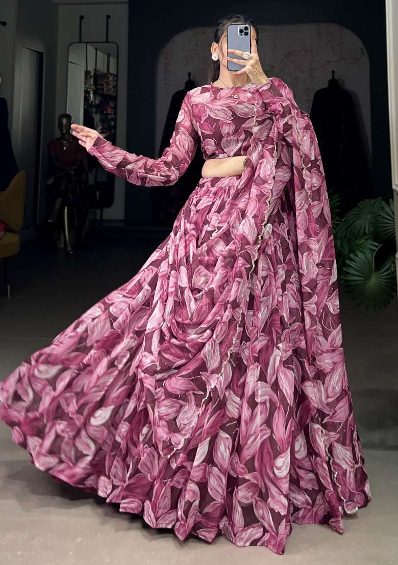 Purple Printed Silk Blend Lehenga Set With Dupatta for Diwali and Festive Wear - Indya