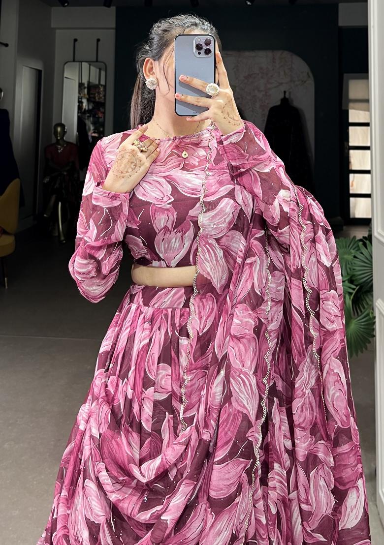 Purple Printed Silk Lehenga Set With Dupatta