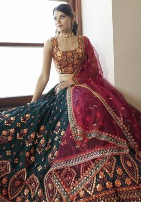 Green Embroidered Georgette Lehenga Set With Dupatta