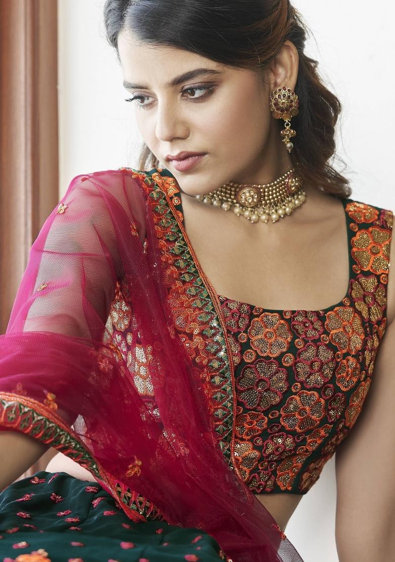Green Embroidered Georgette Lehenga Set With Dupatta