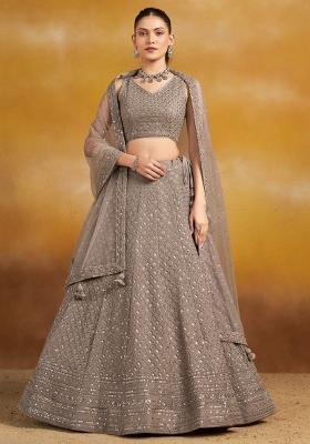 Grey Embroidered Georgette Lehenga Set With Dupatta
