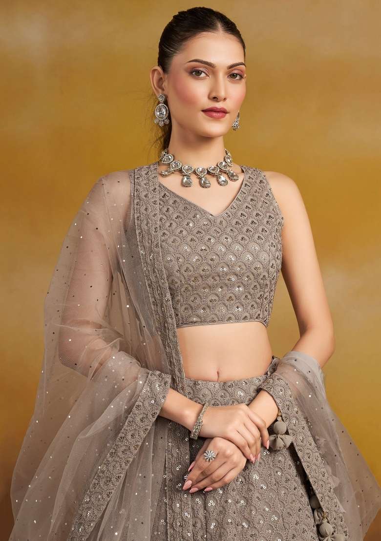Grey Embroidered Georgette Lehenga Set With Dupatta for Diwali and Festive Wear - Indya