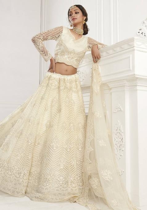 Off White Embroidered Net Lehenga Set With Dupatta