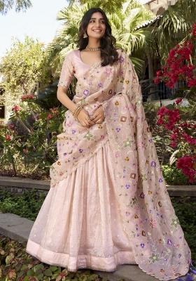 Pink Embroidered Silk Lehenga Set With Dupatta