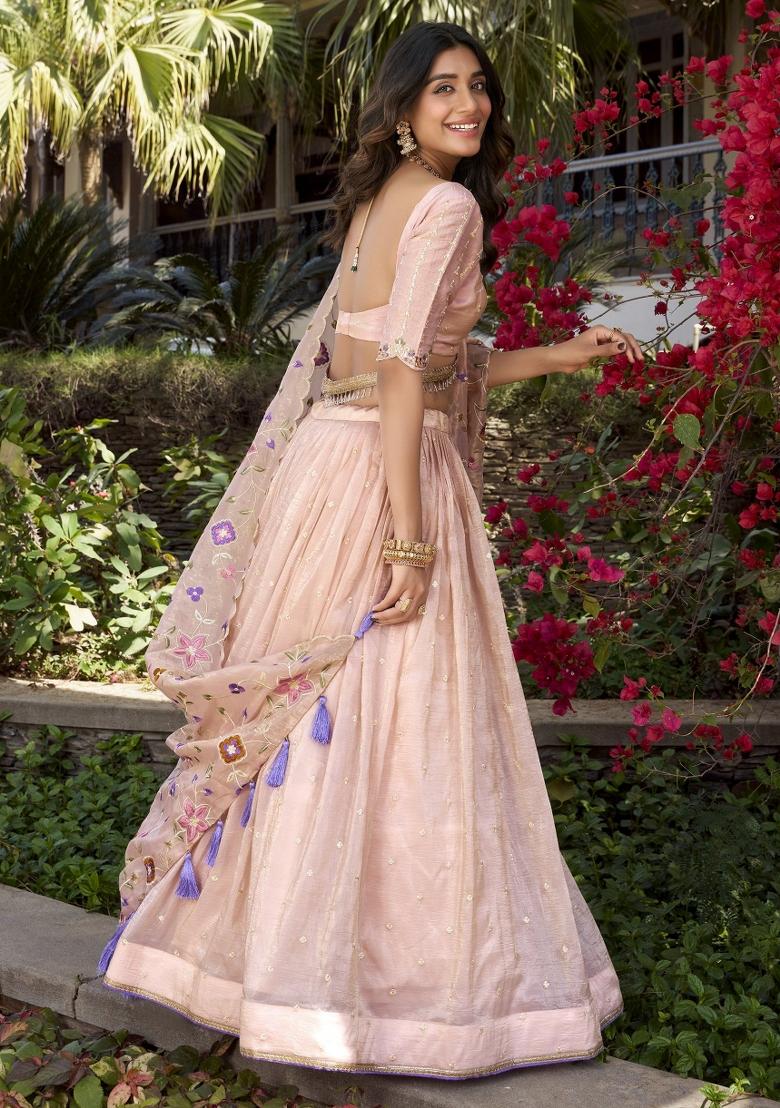Pink Embroidered Silk Lehenga Set With Dupatta