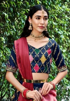 Navy Blue Embroidered Silk Lehenga Set With Dupatta