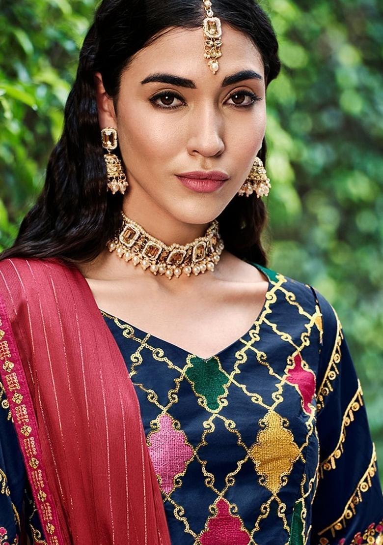 Navy Blue Embroidered Silk Lehenga Set With Dupatta