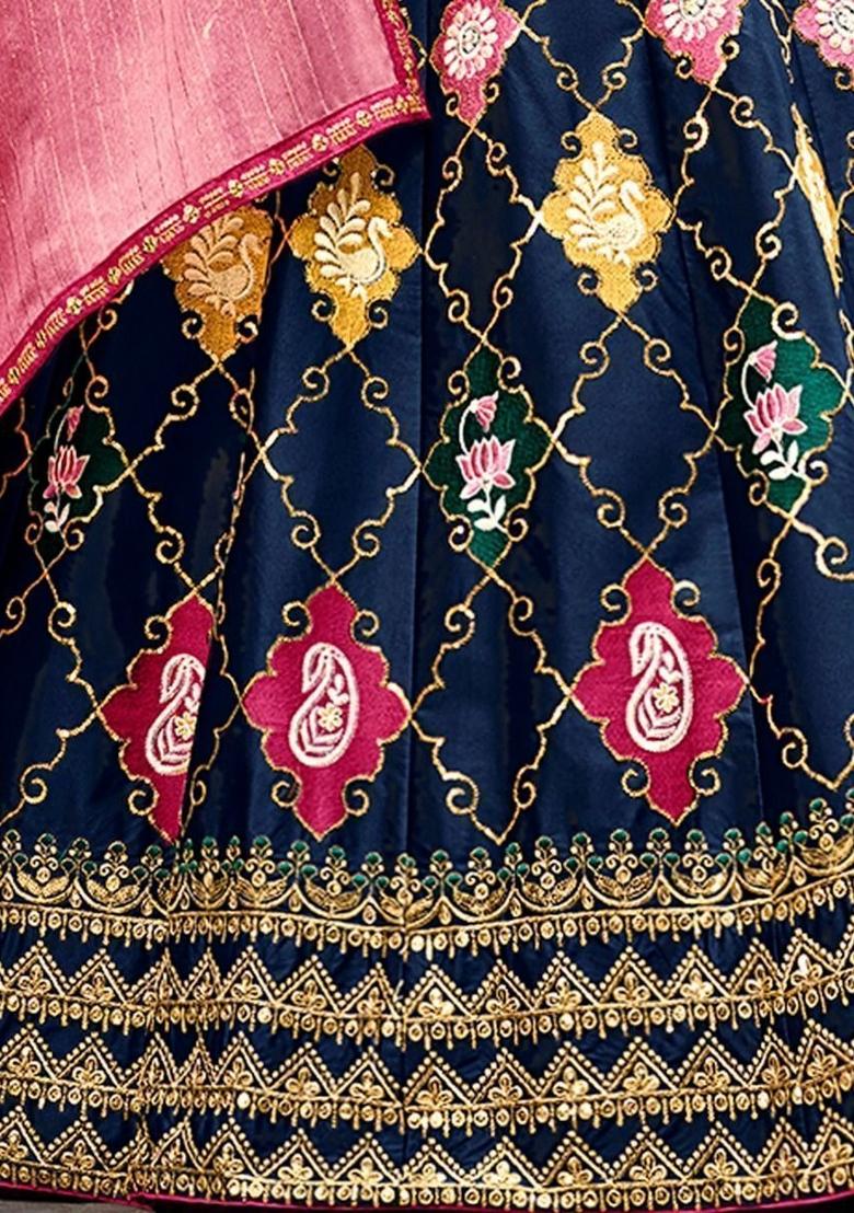 Navy Blue Embroidered Silk Lehenga Set With Dupatta