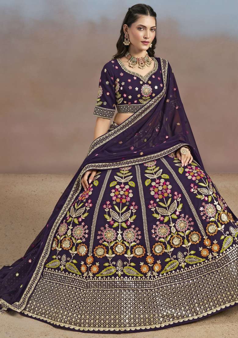 Purple With Dupatta Georgette Lehenga Set with Embroidered for Diwali | Wedding & Festive Wear - Indya