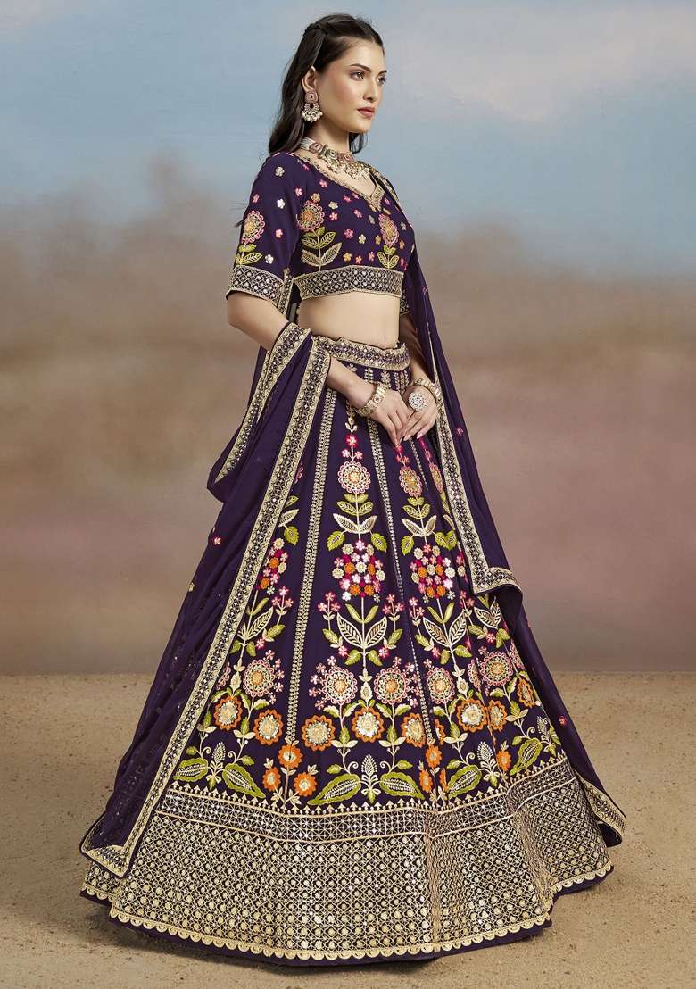 Purple With Dupatta Georgette Lehenga Set with Embroidered for Diwali | Wedding & Festive Wear - Indya