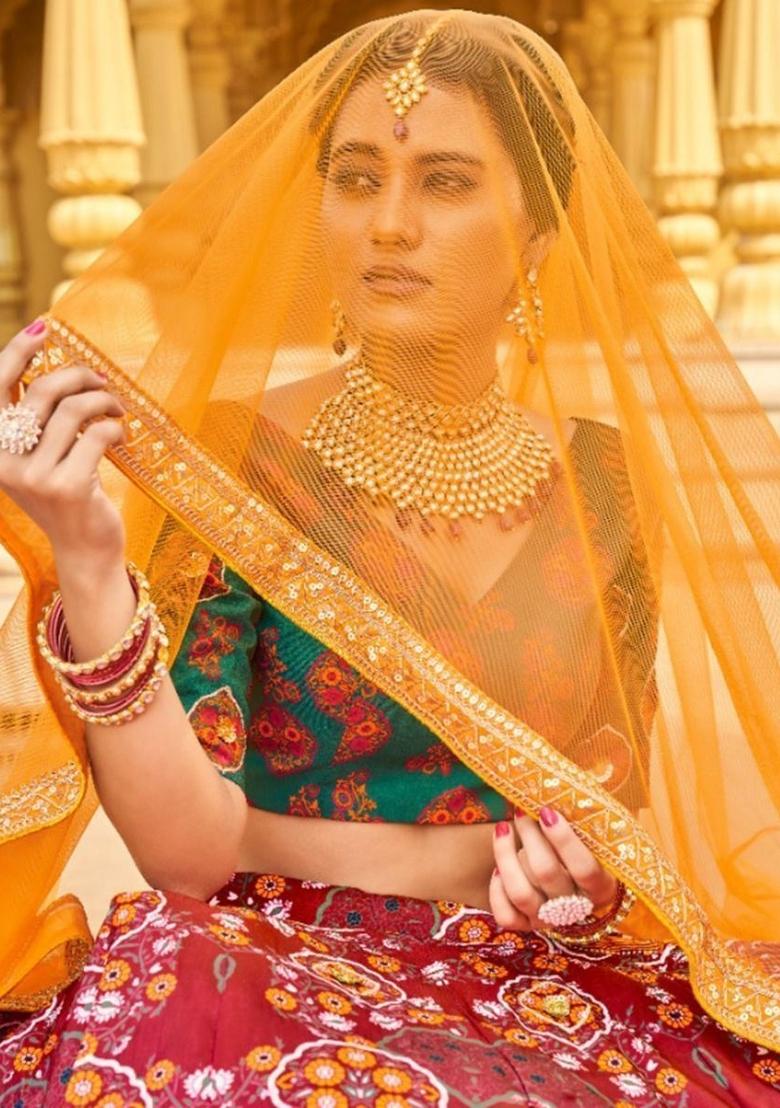 Red Printed Silk Lehenga Set With Dupatta