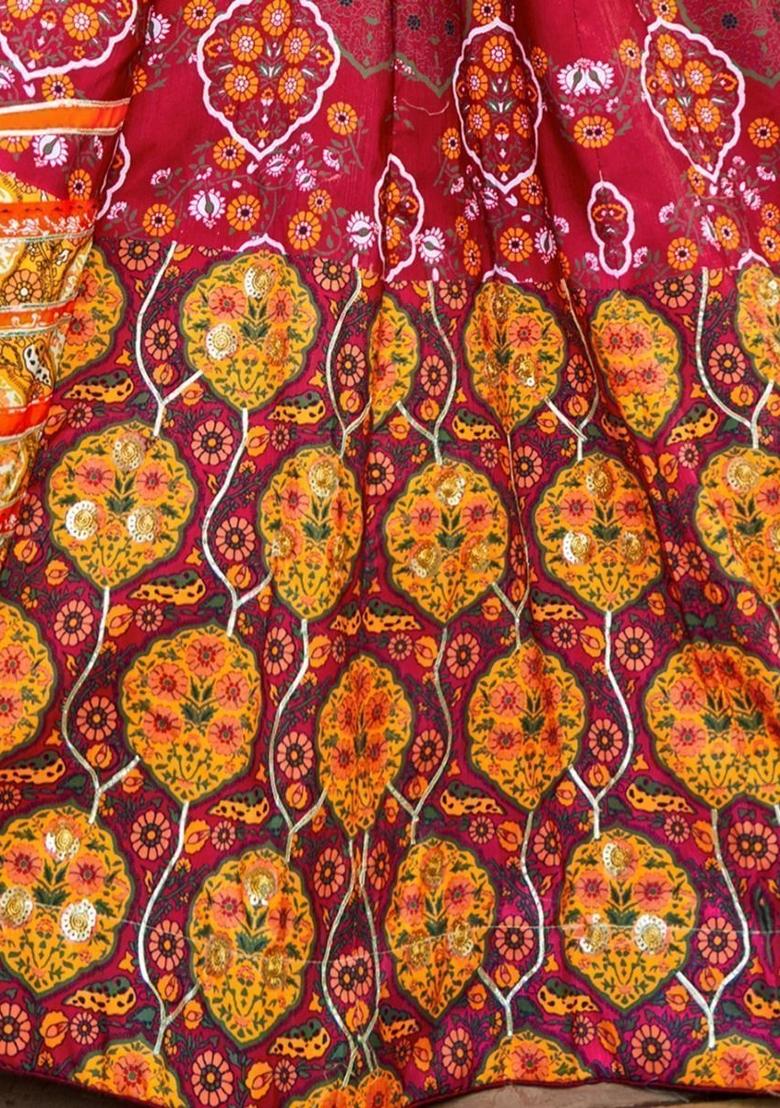 Red Printed Silk Lehenga Set With Dupatta