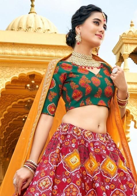 Red Printed Silk Lehenga Set With Dupatta
