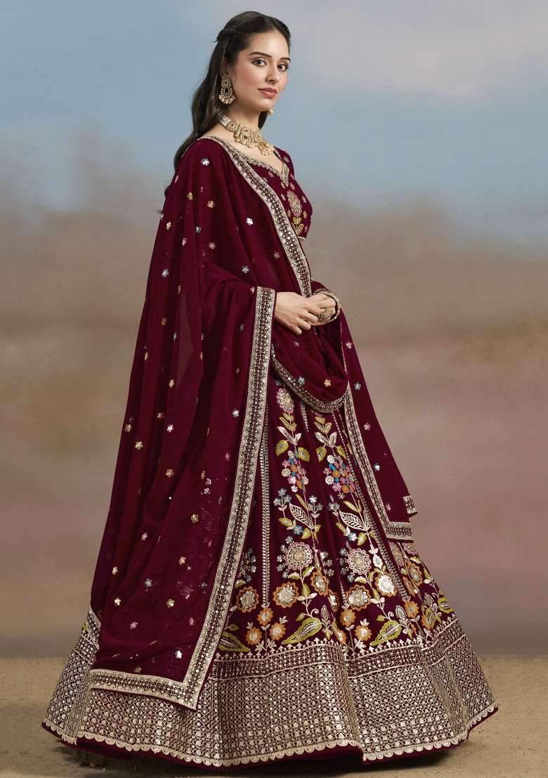 Maroon With Dupatta Georgette Lehenga Set with Embroidered for Diwali | Wedding & Festive Wear - Indya