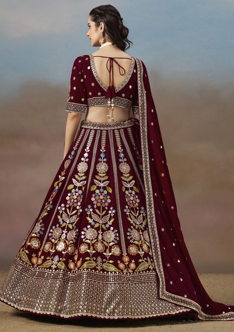 Maroon Embroidered Georgette Lehenga Set With Dupatta