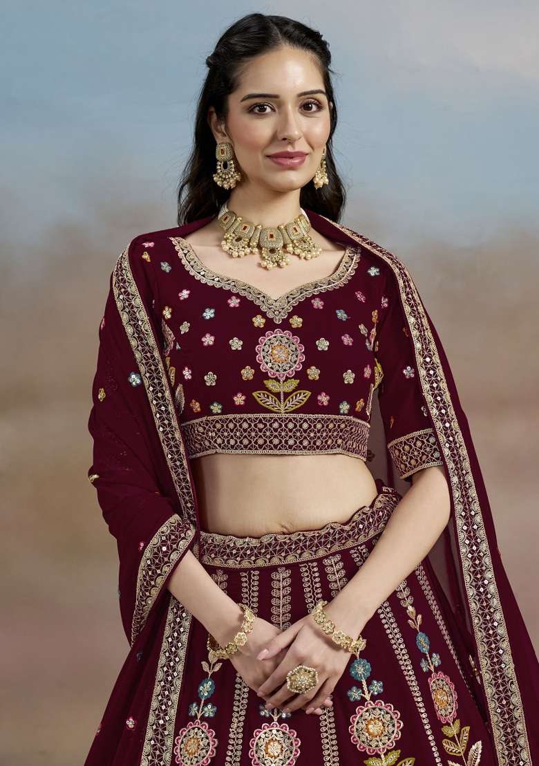 Maroon With Dupatta Georgette Lehenga Set with Embroidered for Diwali | Wedding & Festive Wear - Indya