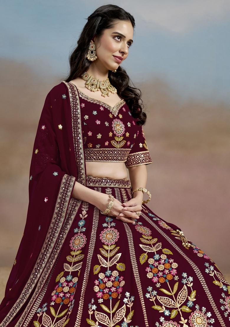 Maroon Embroidered Georgette Lehenga Set With Dupatta