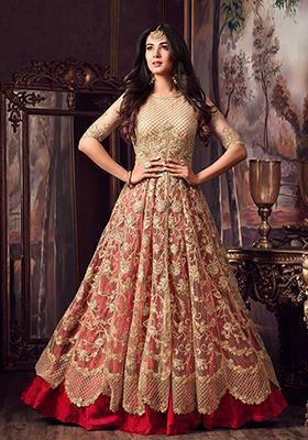 Beige And Red Digital Print Net Lehenga Set