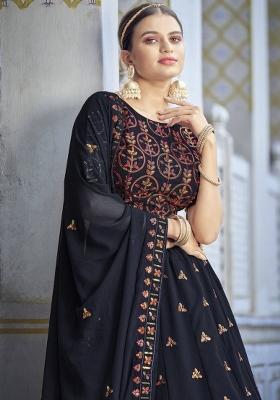 Navy Blue Embroidered Georgette Lehenga Set With Dupatta