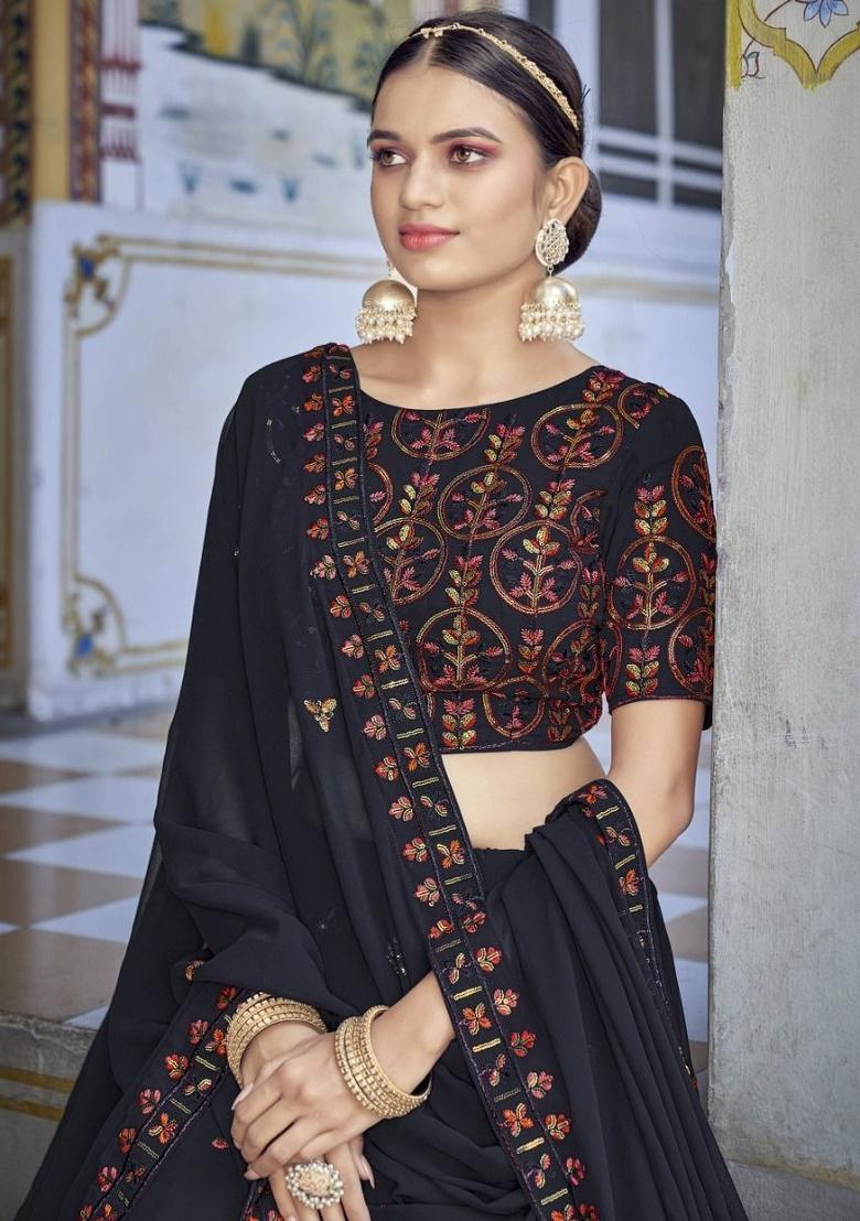 Navy Blue Embroidered Georgette Lehenga Set With Dupatta