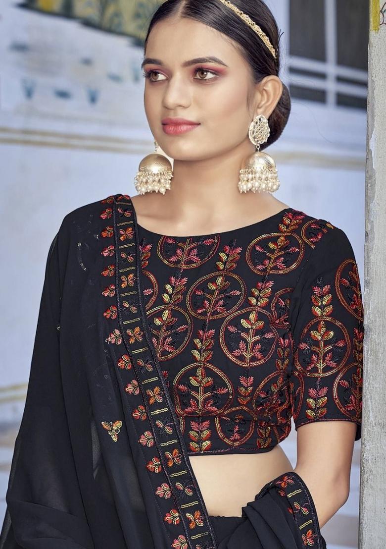 Navy Blue Embroidered Georgette Lehenga Set With Dupatta