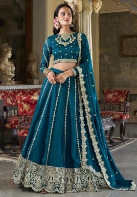 Blue Embroidered Silk Lehenga Set With Dupatta