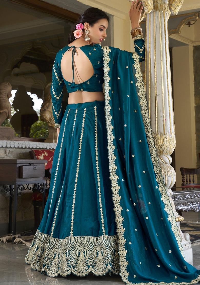 Blue Embroidered Silk Lehenga Set With Dupatta