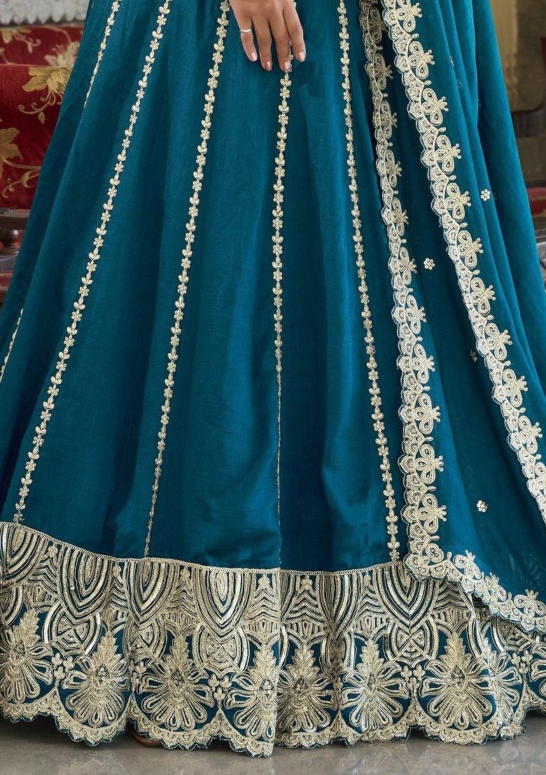 Blue Embroidered Silk Lehenga Set With Dupatta