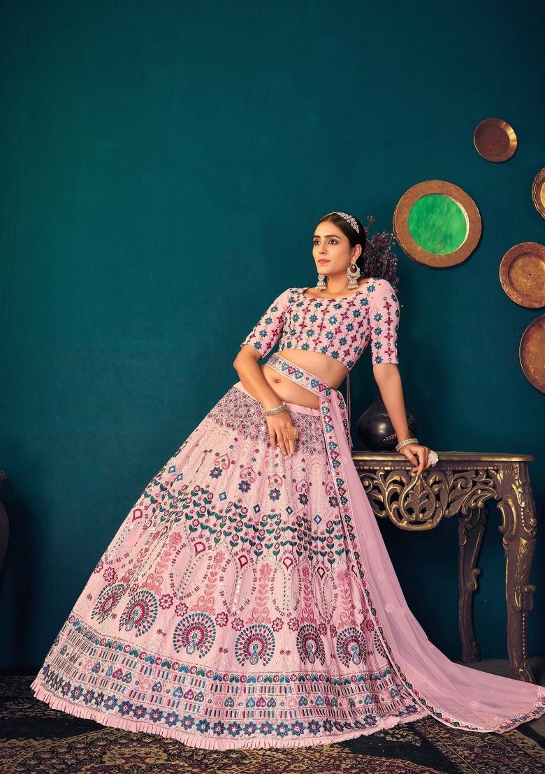 Pink Embroidered Georgette Lehenga Set With Dupatta