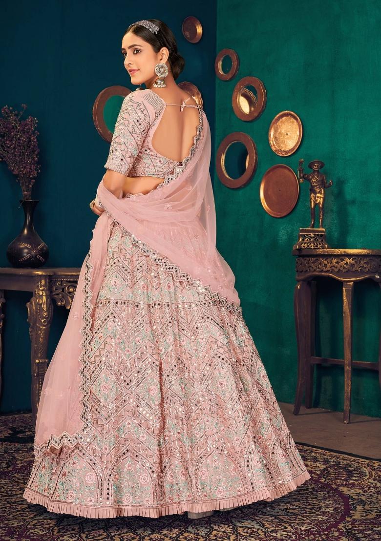 Pink Embroidered Georgette Lehenga Set With Dupatta