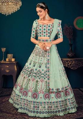 Green Embroidered Georgette Lehenga Set With Dupatta