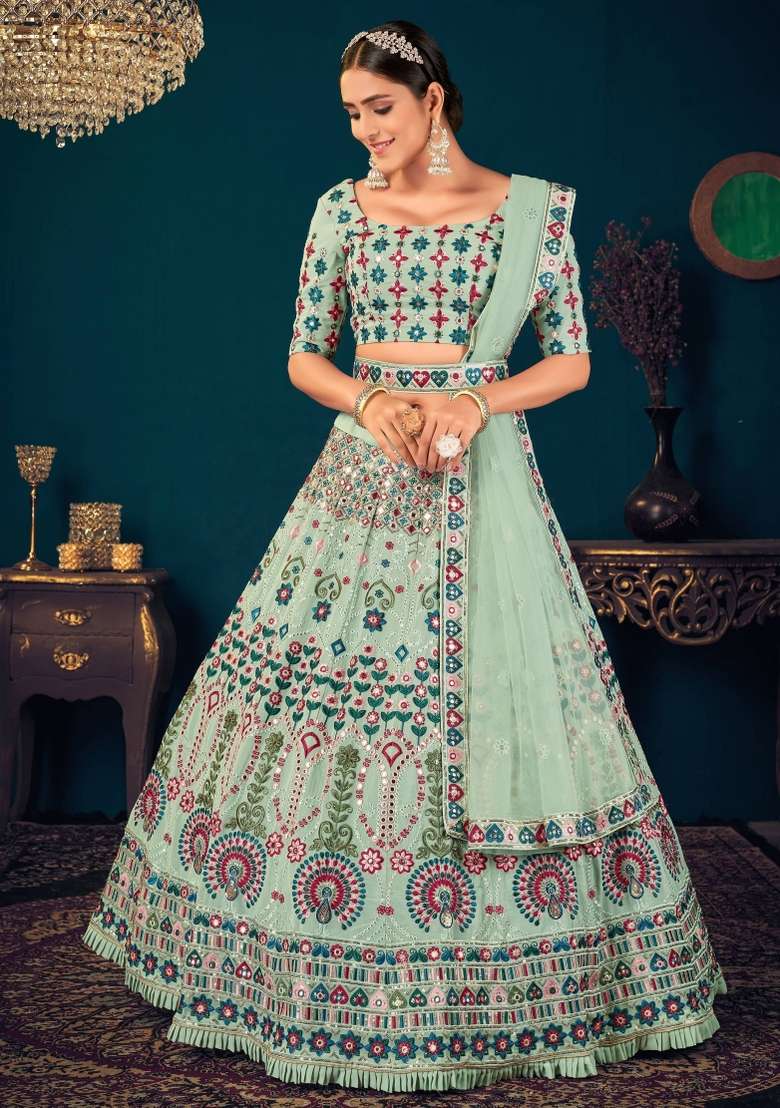 Green Embroidered Georgette Lehenga Set With Dupatta for Diwali and Festive Wear - Indya