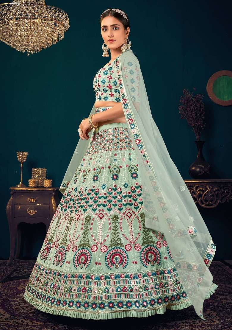 Green Embroidered Georgette Lehenga Set With Dupatta for Diwali and Festive Wear - Indya