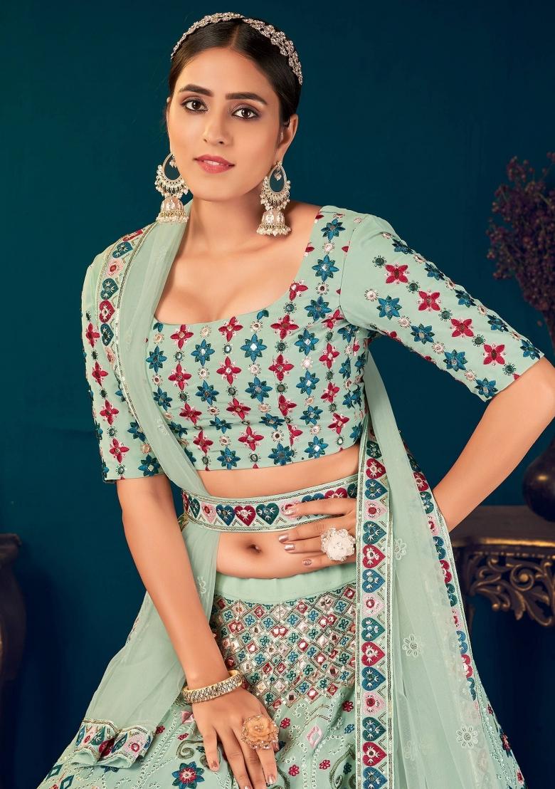 Green Embroidered Georgette Lehenga Set With Dupatta