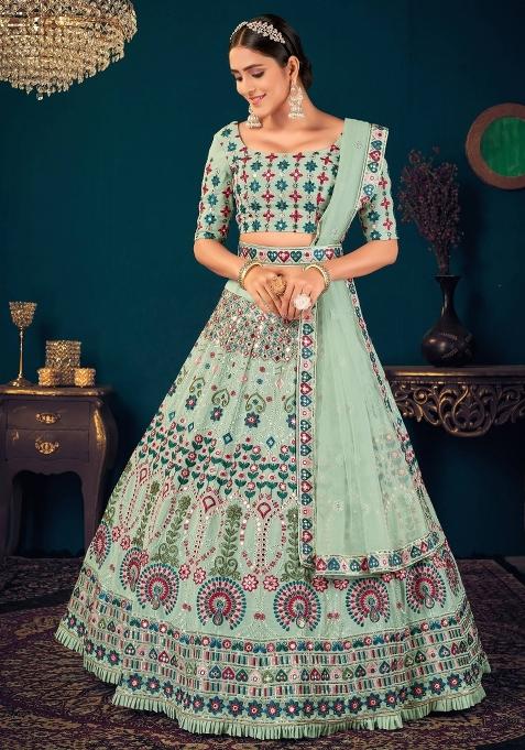 Green Embroidered Georgette Lehenga Set With Dupatta