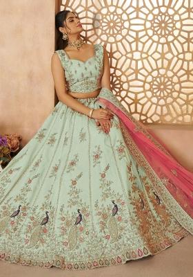 Green Embroidered Silk Lehenga Set With Dupatta