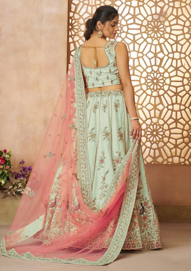 Green Embroidered Silk Lehenga Set With Dupatta