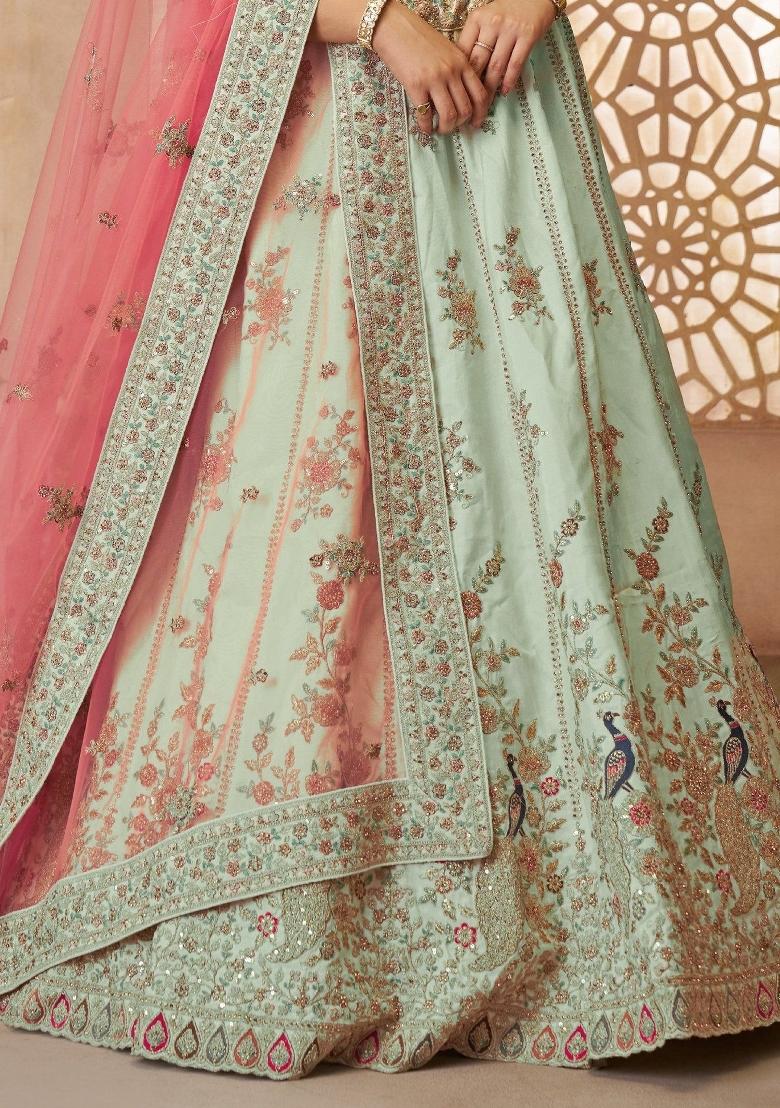Green Embroidered Silk Lehenga Set With Dupatta